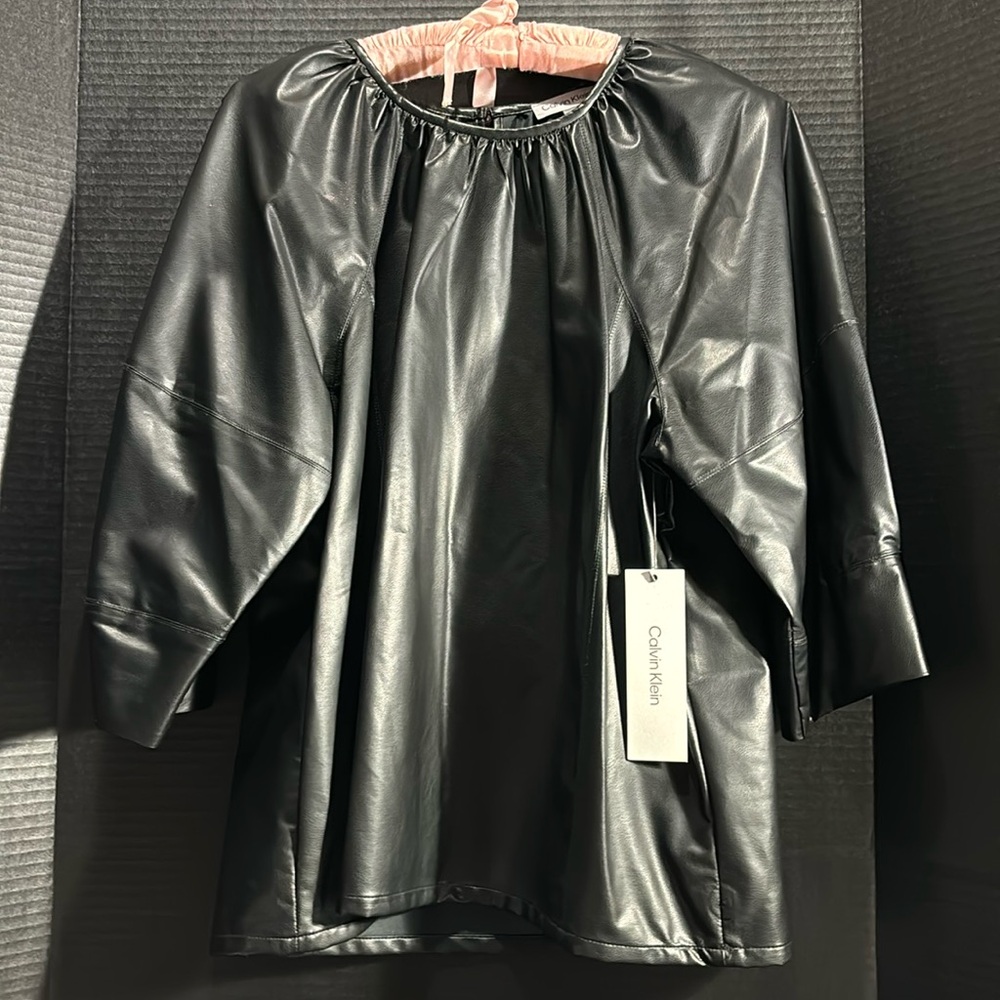 Calvin Klein NWT black long sleeve faux leather shirt